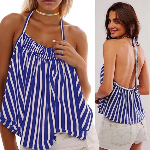 FREE PEOPLE WE THE FREE WOMENS COASTAL TOWN HALTER TIE TANK TOP STRIPED LARGE - Picture 1 of 4